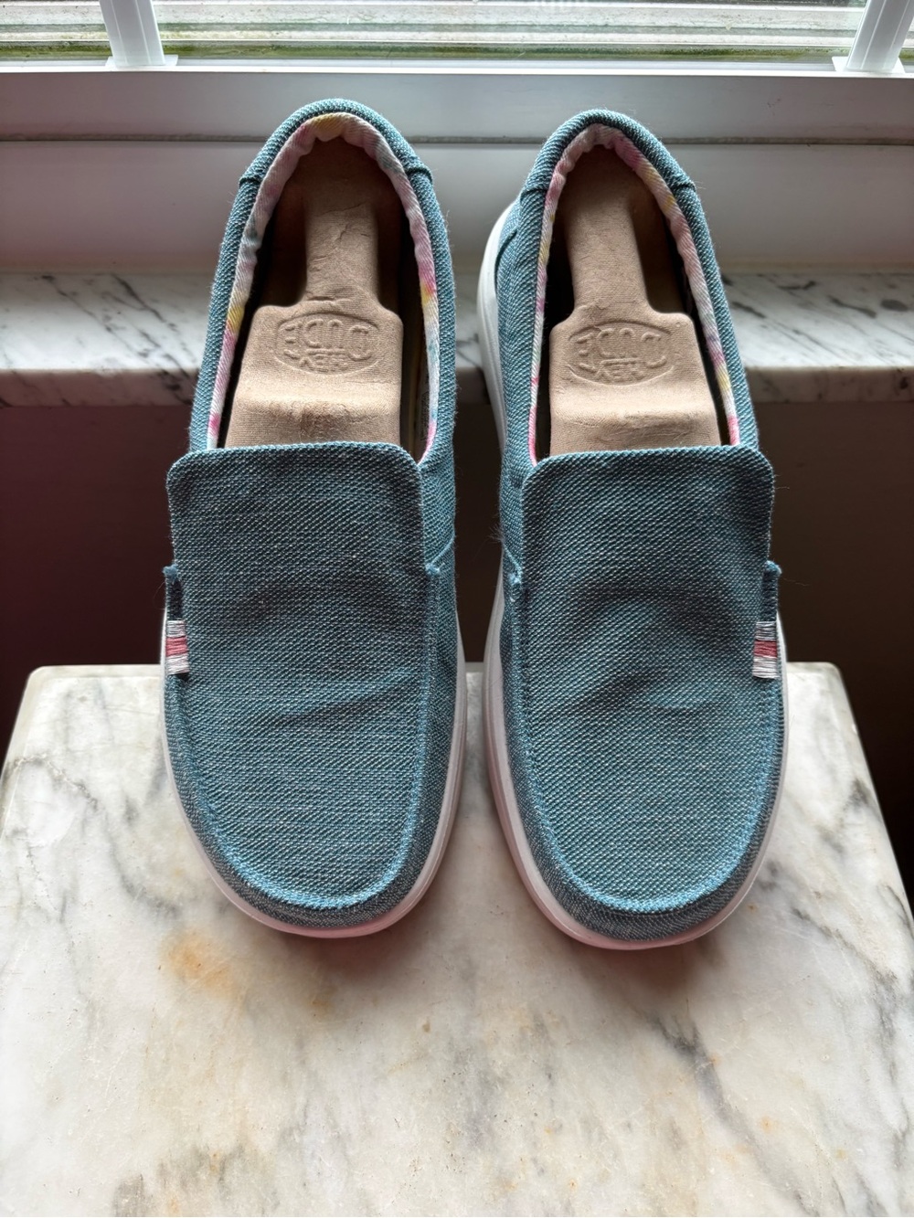 Hey Dude Women's Teal Canvas Slip-On Sneakers with White Sole